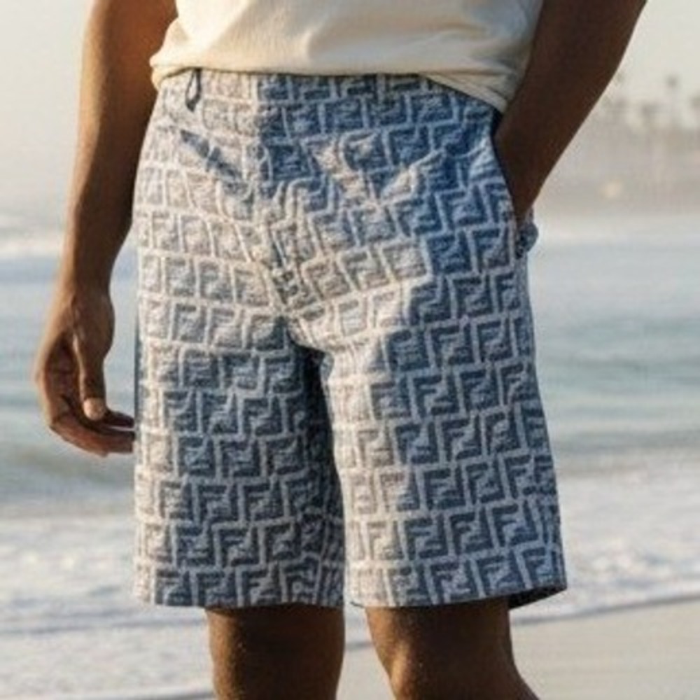 Fendi FF Logo Linen Shorts Mens Bermuda Blue White IT 52 FB0821 AR62